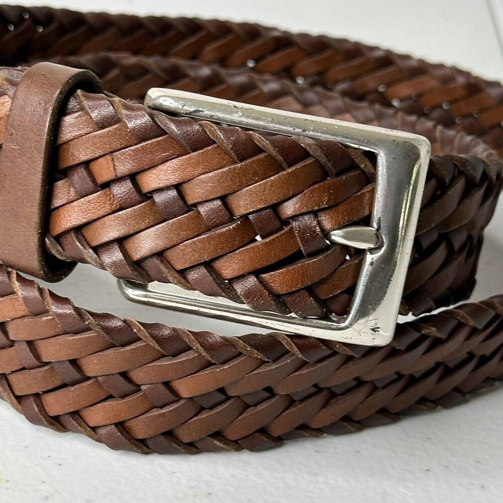 John W Nordstrom Dress Belt Mens 38 Brown Woven Leather Silver Brass Buckle - Picture 3 of 8